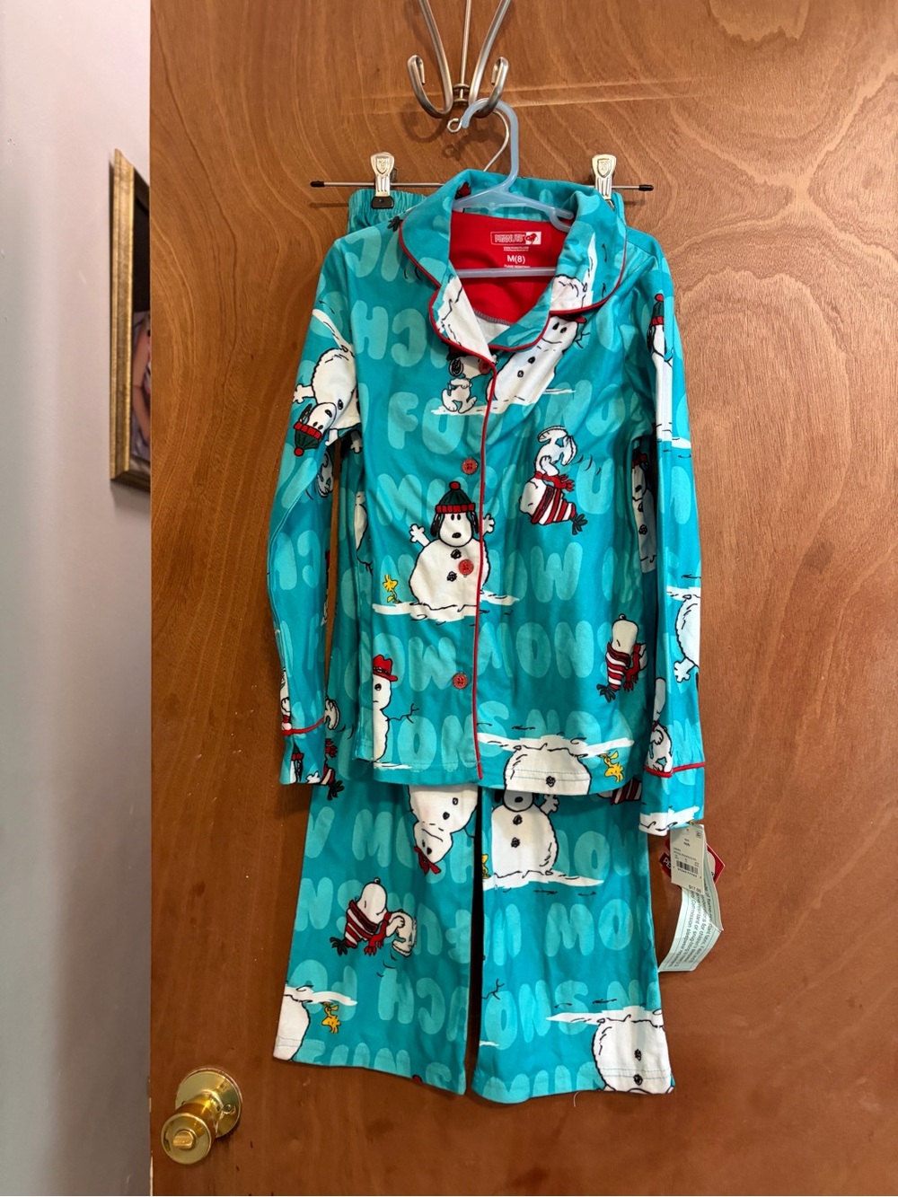 Kids Turquoise Peanuts Snoopy Snowman Pajama Set -size 8